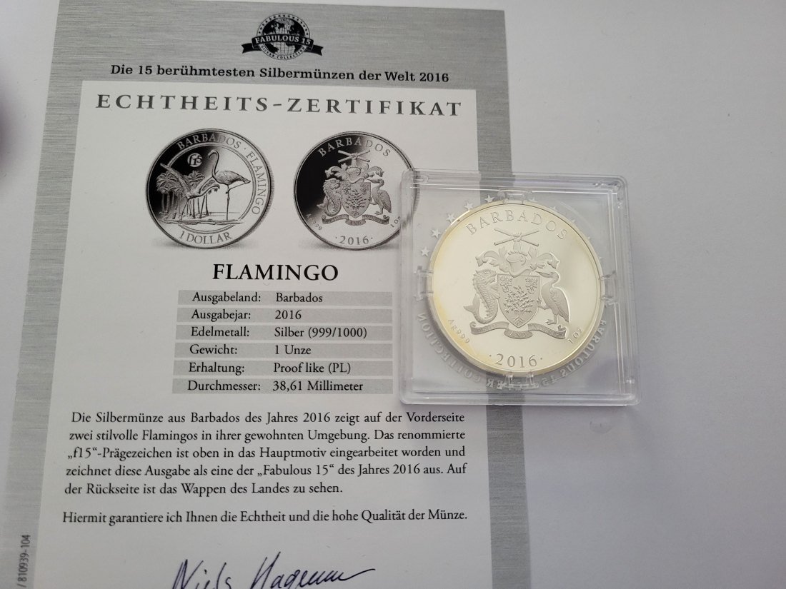  1 Dollar 2016 Flamingo Die 15 berühmtesten Silbermünzen der Welt 1 Oz Barbados Spittalgold9800 (5455   