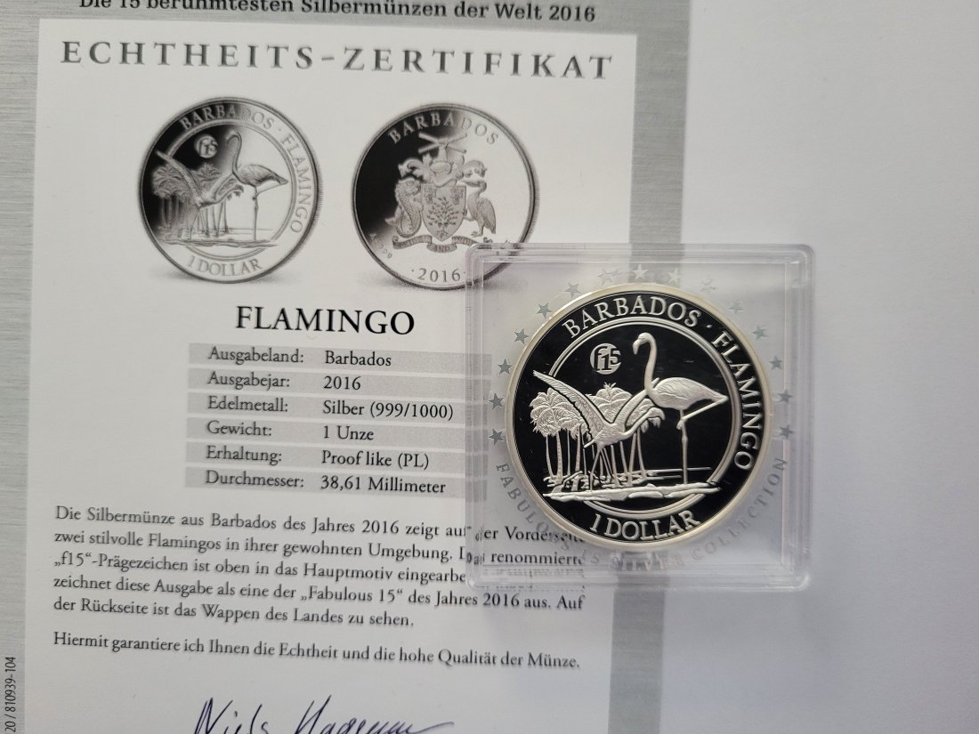  1 Dollar 2016 Flamingo Die 15 berühmtesten Silbermünzen der Welt 1 Oz Barbados Spittalgold9800 (5455   