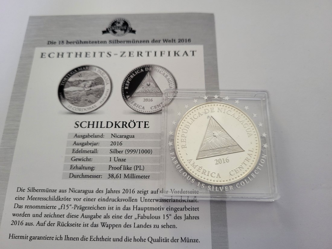  10 Cordobas 2016 Schildkröte 1 Oz Die 15 berühmtesten Silberm Welt Nicaragua Spittalgold9800 (5455   