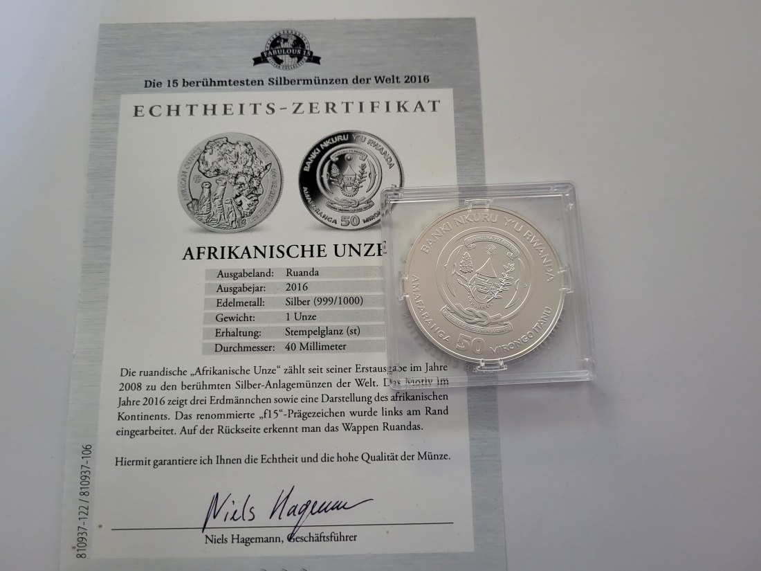  50 Francs 2016 Erdmännchen 1 Oz Die 15 berühmtesten Silbermünzen der We Ruanda Spittalgold9800 (5455   