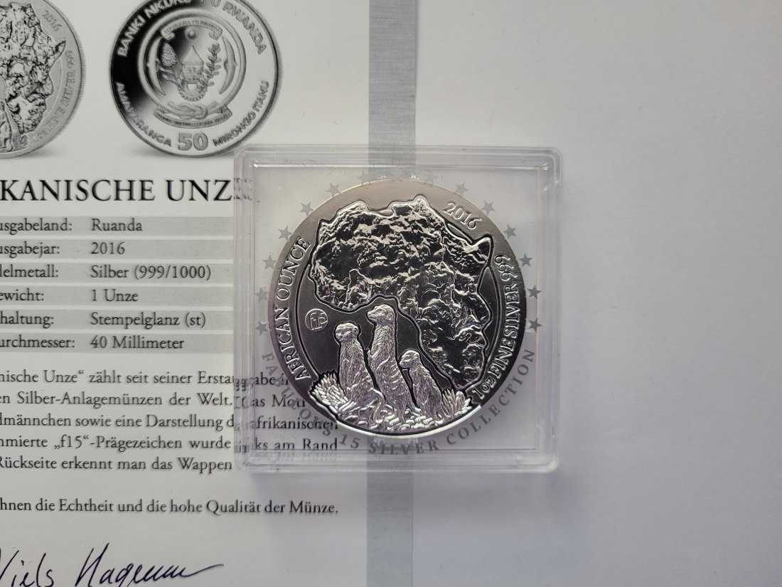  50 Francs 2016 Erdmännchen 1 Oz Die 15 berühmtesten Silbermünzen der We Ruanda Spittalgold9800 (5455   