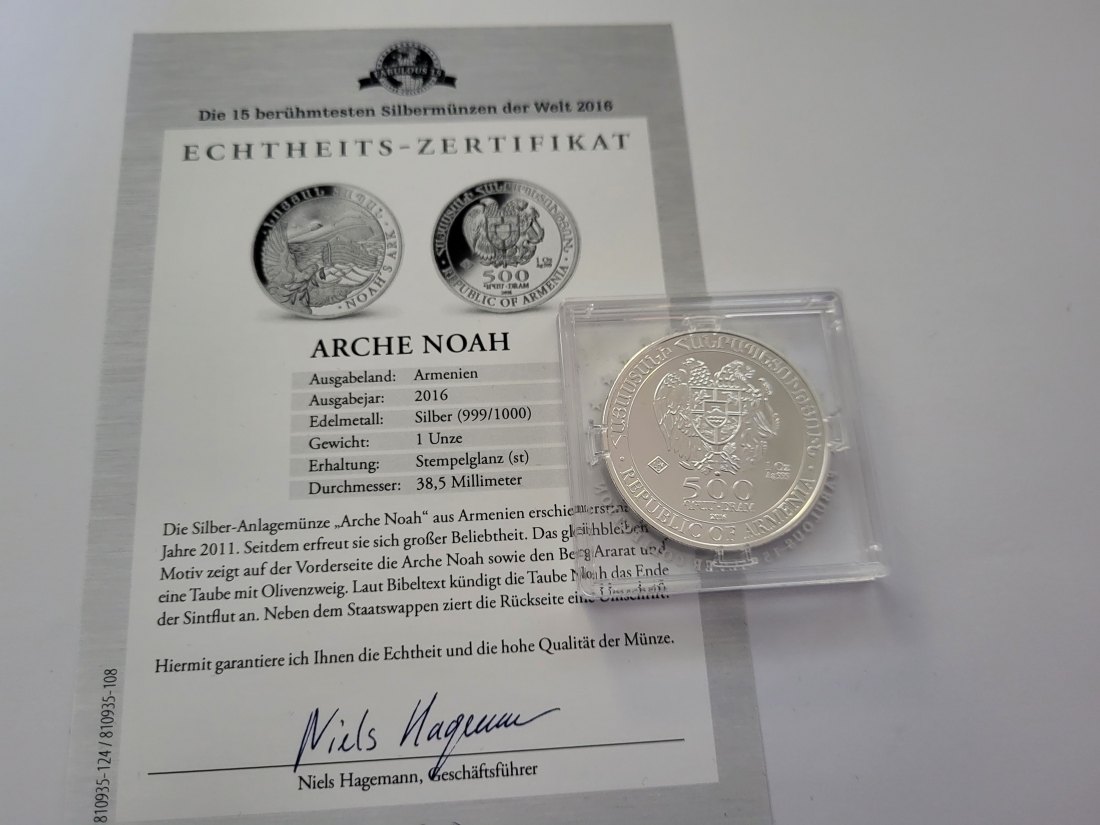  500 Dram 2016 Arche Noah 1 Oz Die 15 berühmtesten Silbermünzen der We Armenien Spittalgold9800 (5455   