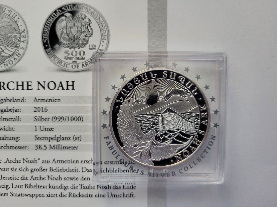  500 Dram 2016 Arche Noah 1 Oz Die 15 berühmtesten Silbermünzen der We Armenien Spittalgold9800 (5455   