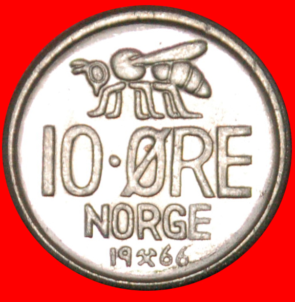 Ⰶ BEE (1958-1973): NORWAY ★10 ORE 1966 DIE I! OLAV V (1957-1991) MINT LUSTRE★LOW START ★ NO RESERVE!