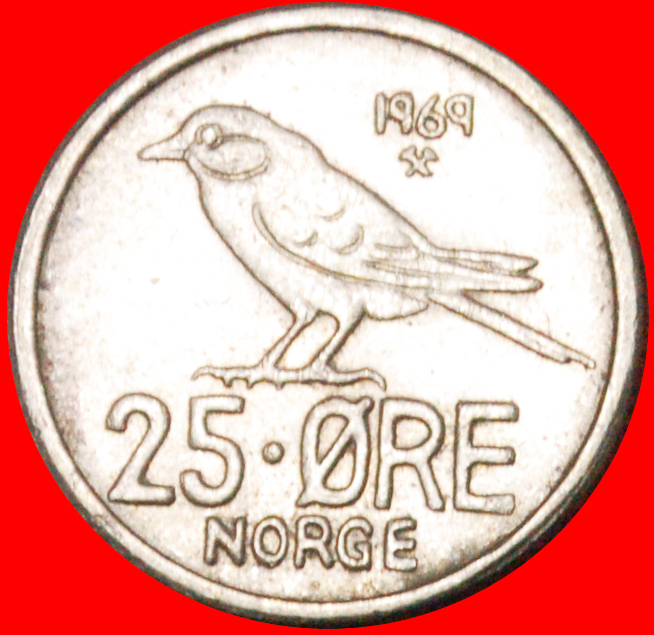 Ⰶ BIRD (1958-1973): NORWAY★25 ORE 1969 DIE I! OLAV V (1957-1991) MINT LUSTRE★LOW START ★ NO RESERVE!