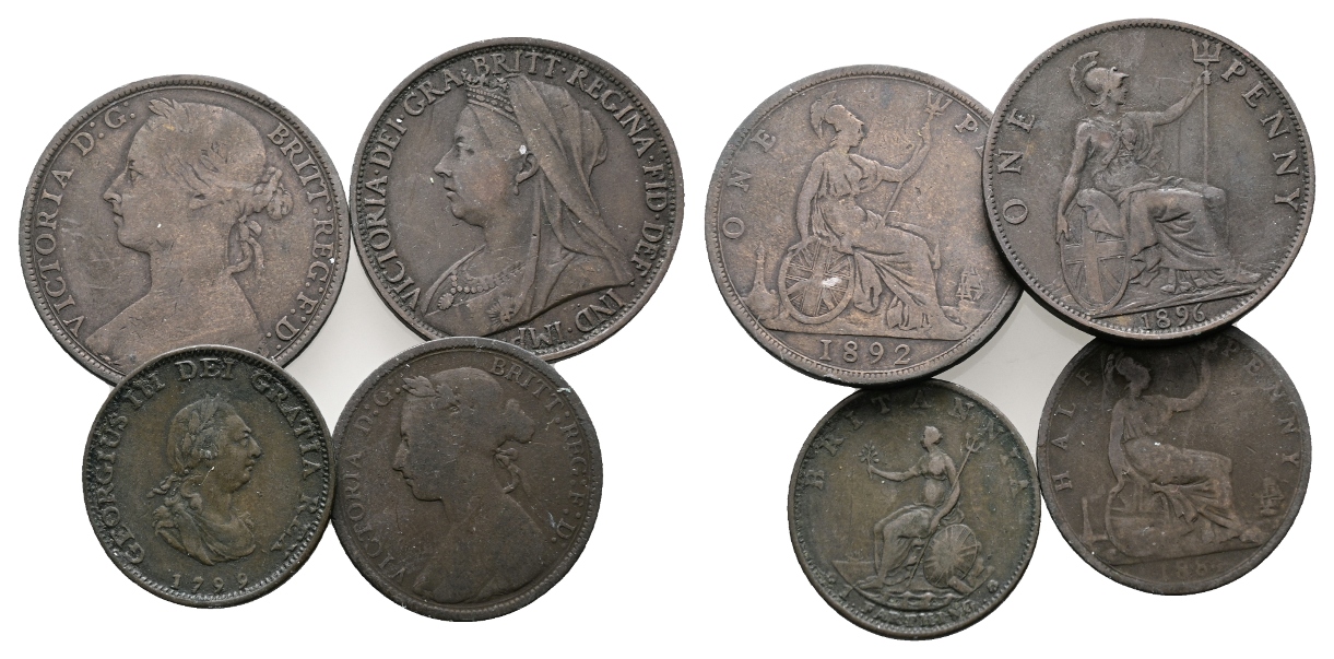  Großbritannien; 4 Kleinmünzen 1892/1896/1799/1884   