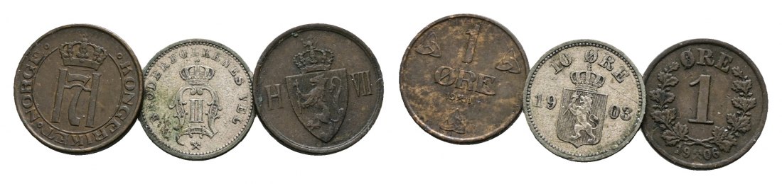  Norwegen; 3 Kleinmünzen 1911/1903/1906   