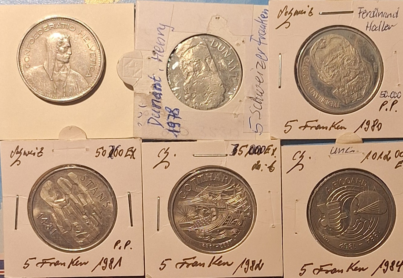 Schweiz 6x5 Sfr 1968 Kursmünze 1974 bis 1990 Gedenkmünzen alle CuNi V (Münzrahmen)   