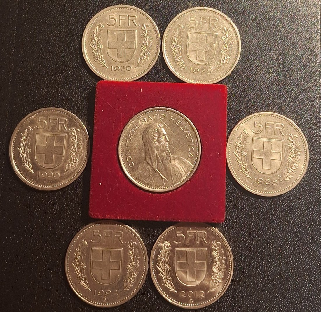  Schweiz 6x5 Schweizer Franken Kursmünzen 1970,75,80,88,94 und 2012 alle CuNi lose VI   