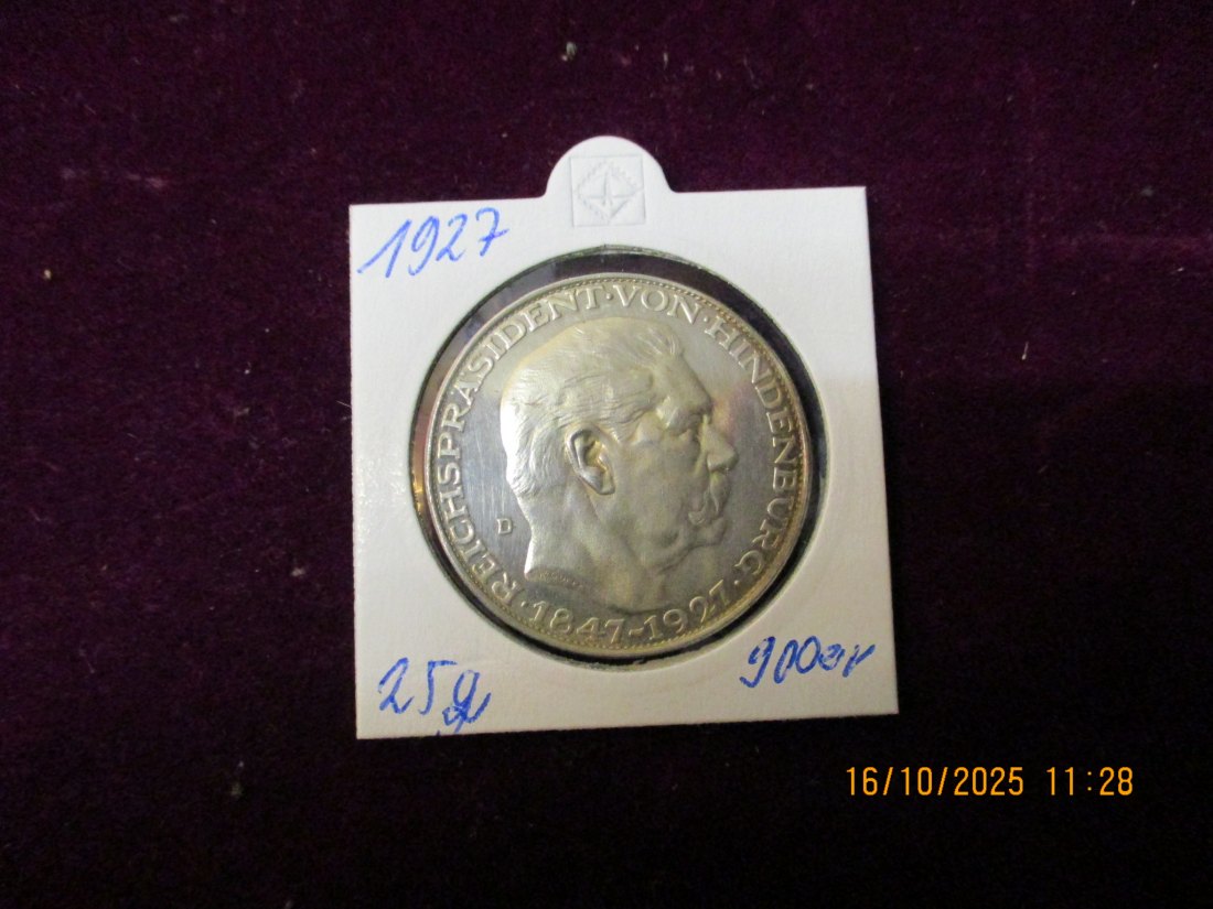  Medaille Reichspräsident von Hindenburg 1927 zum 80. Geburtstag 900er Silber 25g   