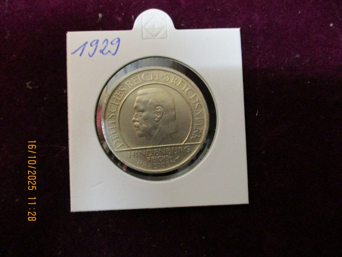  3 Reichsmark 1929 Weimarer Verfassung 500er Silber 15g   