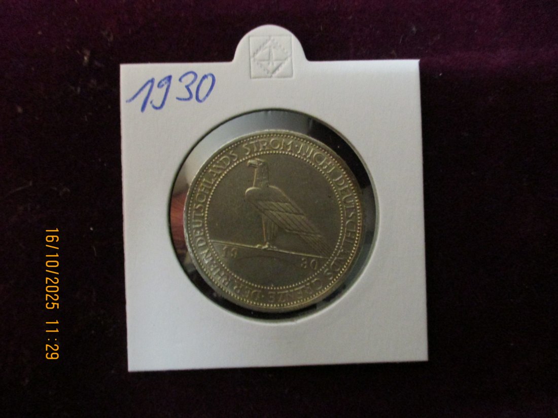  3 Reichsmark 1930 Rheinlandräumung 500er Silber 15g   