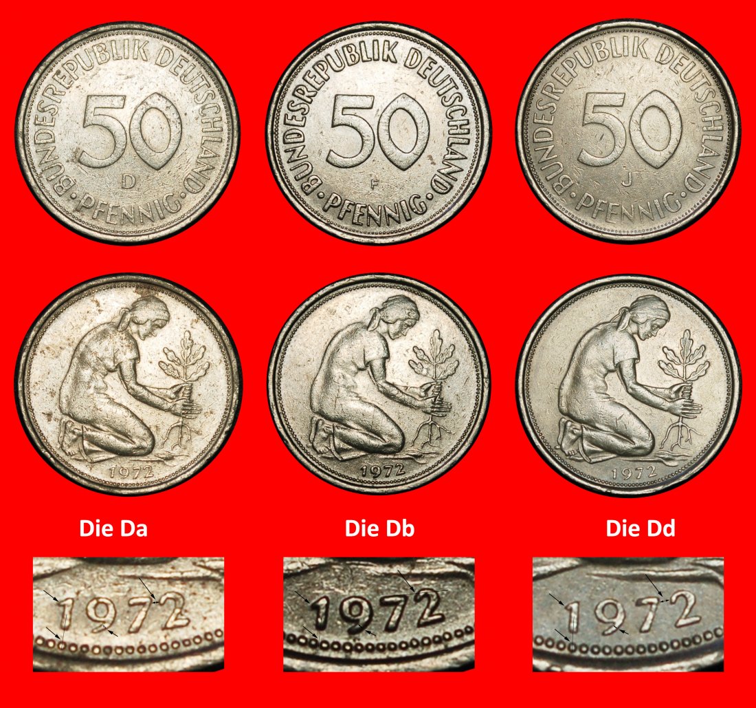 Ⰶ NOT COMMUNIST TYPE (1949-2001): GERMANY★50 PFENNIGS 1972 3 DISCOVERY COINS★LOW START ★ NO RESERVE!