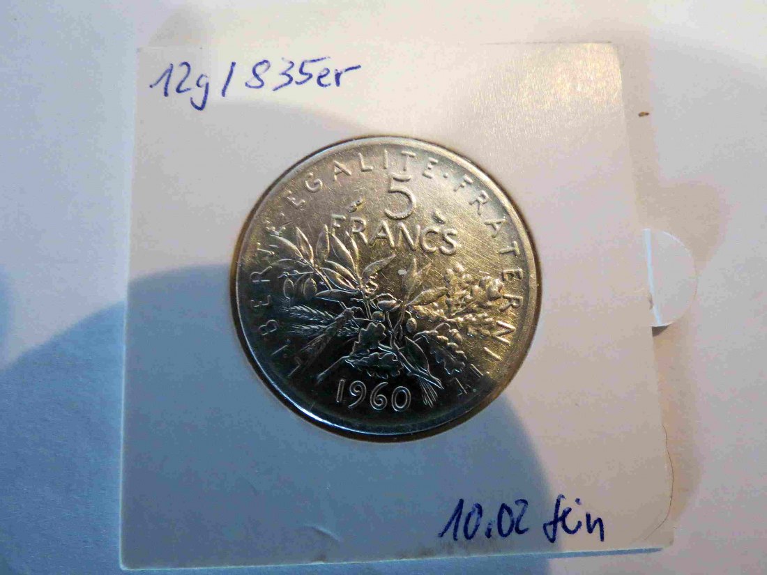 Frankreich 5 Francs 1960; La Semeuse(die Säerin);10 Gramm Feinsilber; 835er Silber