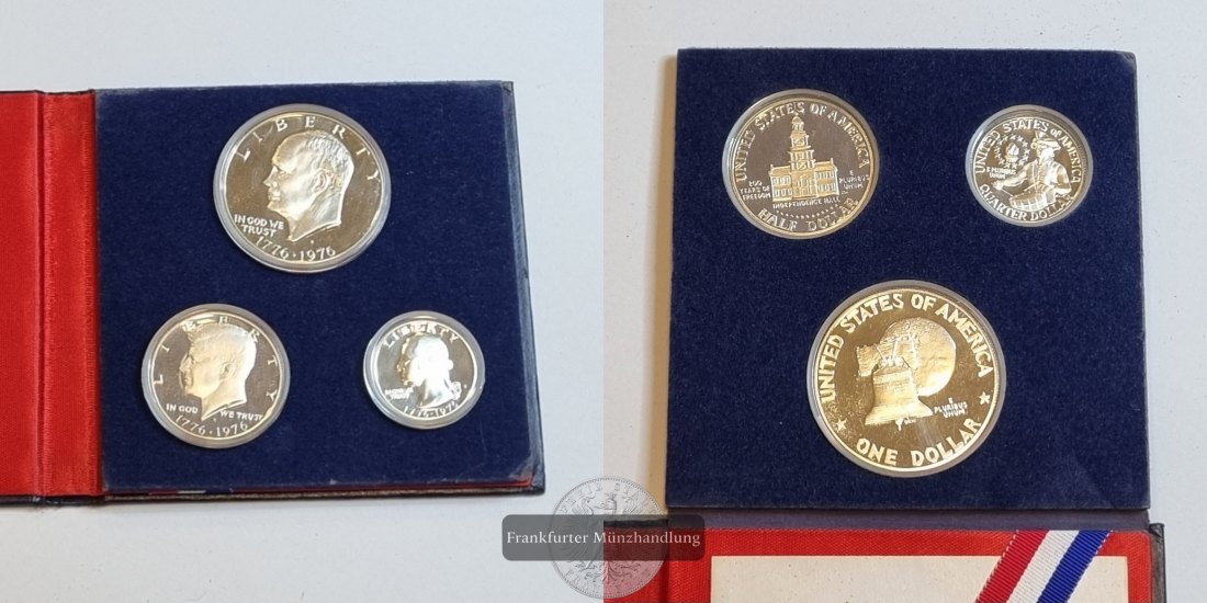  USA Bicentennial Silver Proof Set 1976 [1 $, 1/2 $, 1/4 $] FM-Frankfurt Feinsilber: 16,7g   