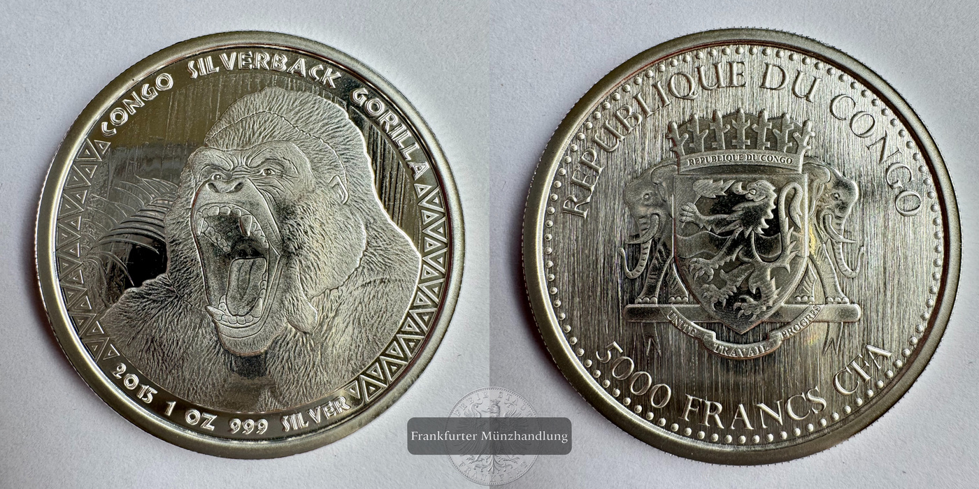  Rep. Kongo 5000 Francs CFA (Congo Silverback Gorilla) 2015 FM-Frankfurt KM#184 Feinsilber: 31,1g   