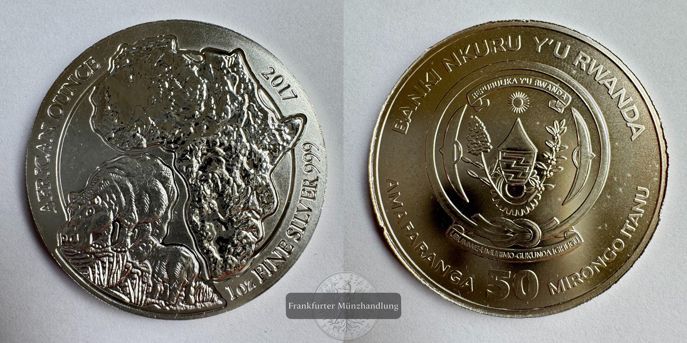  Ruanda 50 Francs (Hippopotamus) 2017 FM-Frankfurt KM#165 Feinsilber: 31,1g   