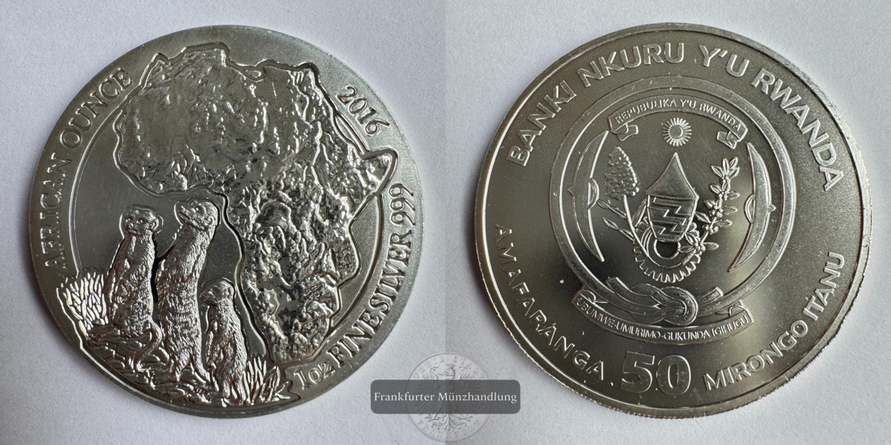  Ruanda 50 Francs (Suricate) 2016 FM-Frankfurt KM#159 Feinsilber: 31,1g   