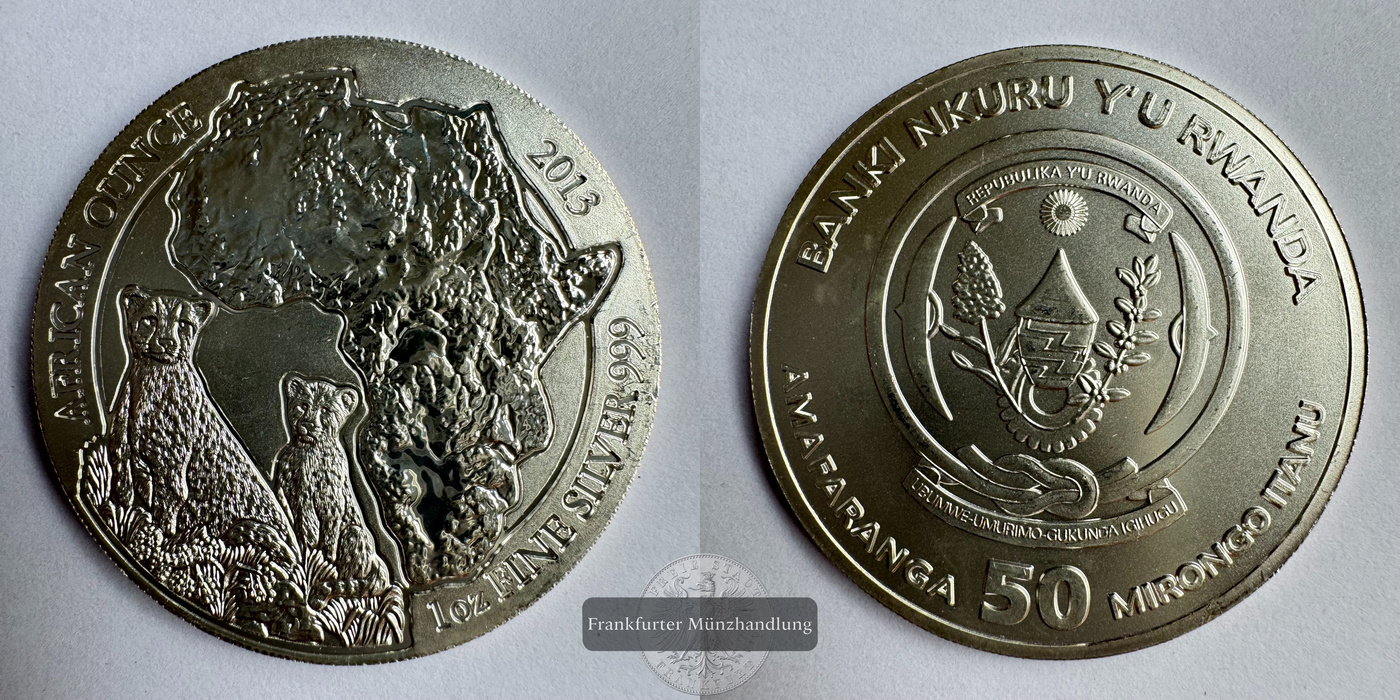  Ruanda 50 Francs (Cheetah) 2013 FM-Frankfurt KM#38 Feinsilber: 31,1g   
