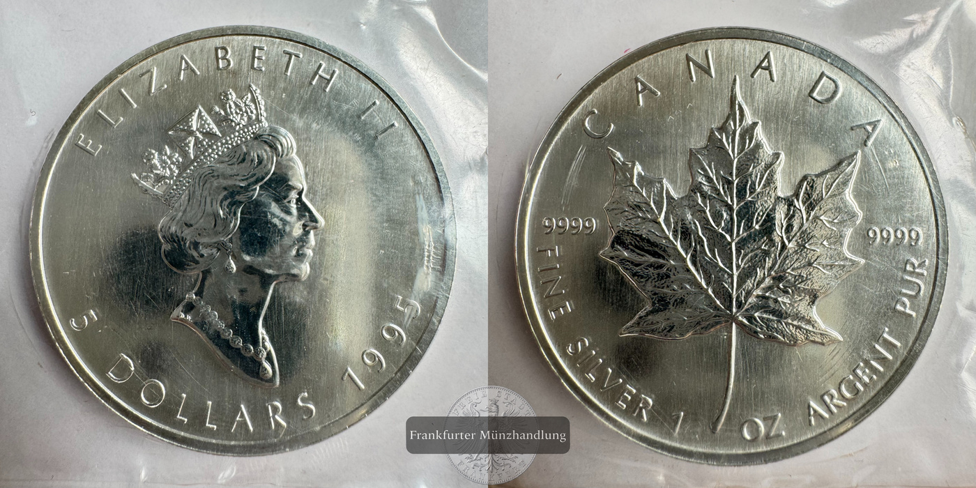  Kanada 5 Dollar 1995 Maple Leaf FM-Frankfurt Feinsilber: 31,1g   