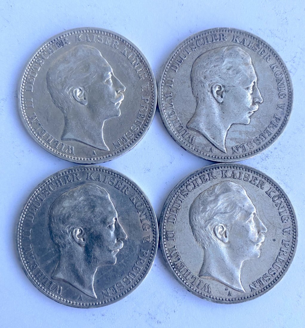 4 x 3 Reichsmark Kaiser Wilhelm II., ss-vz, teils mit Patina
