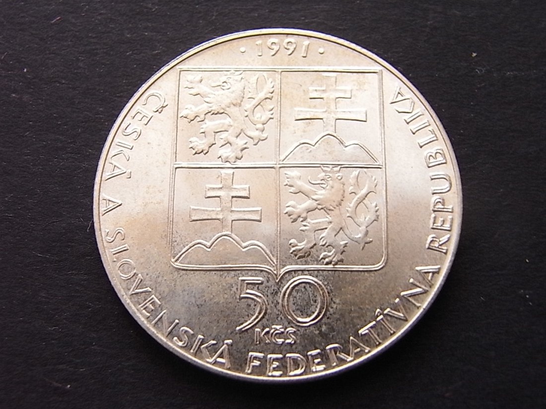  Tschechoslowakei 50 Kronen 1991 Pistani stgl Silber KM155   