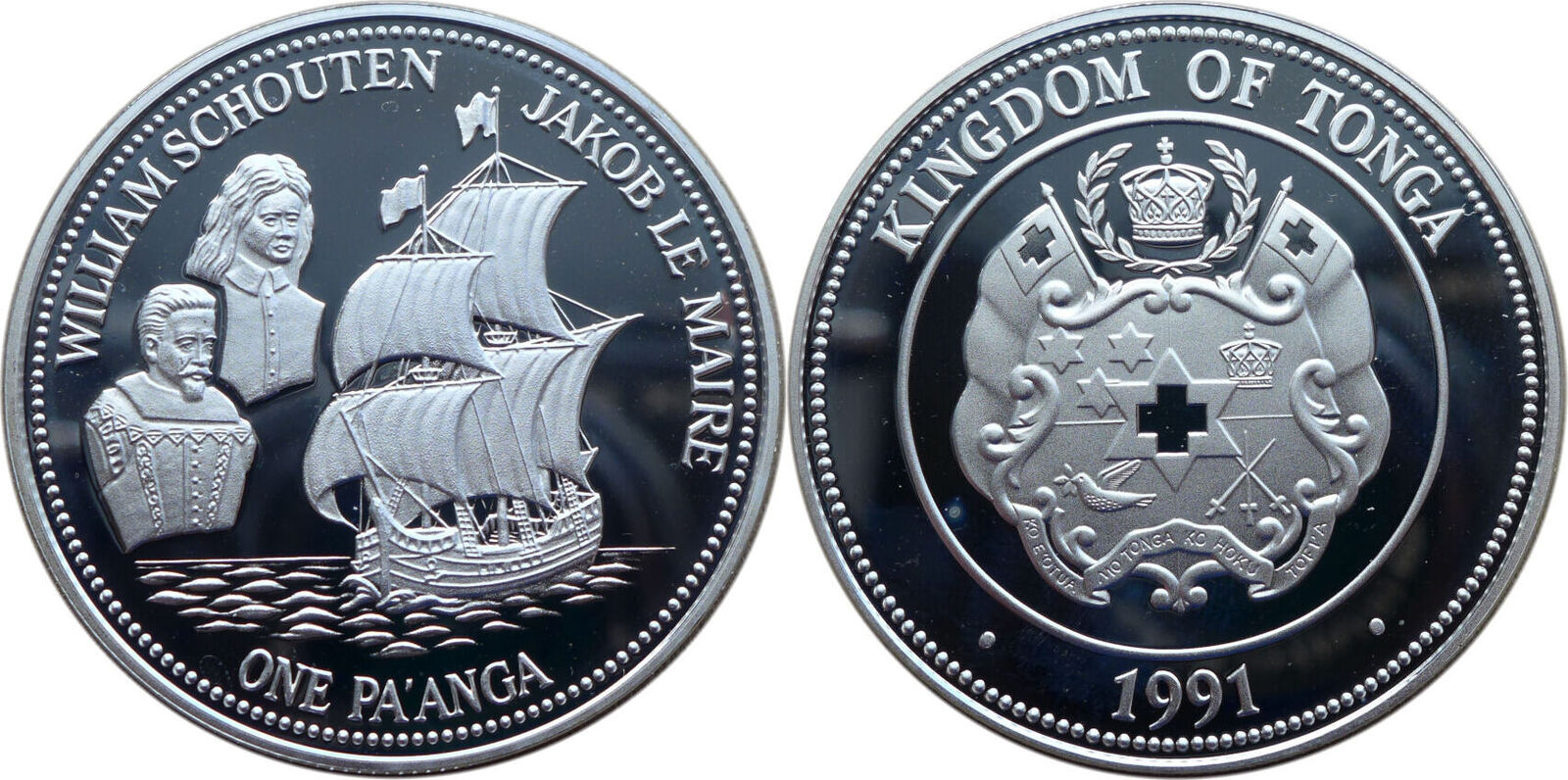  TONGA, Silver, 1 Panga, 1991, Proof, Explorers William Schouten & Jakob Le Maire. Coin in excellen   