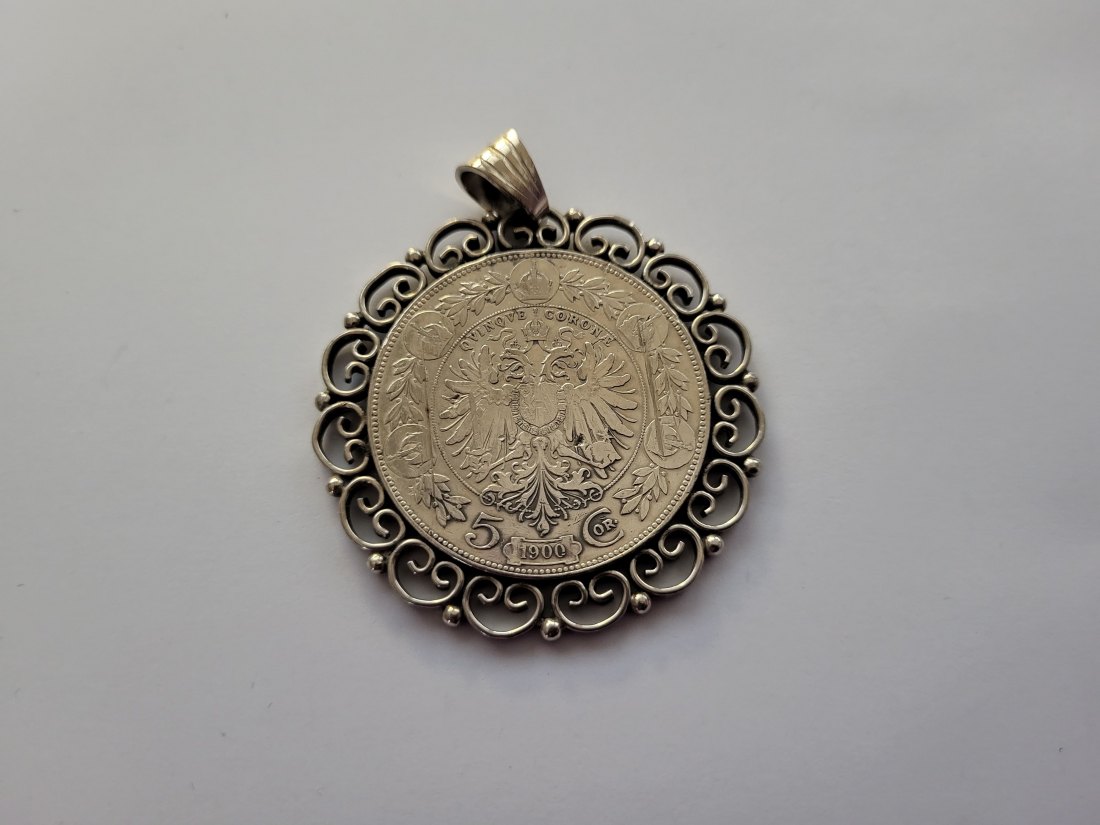  5 Kronen 1900 Anhänger silber 31,5g Kronenwährung Österreich Spittalgold9800 (3469)   