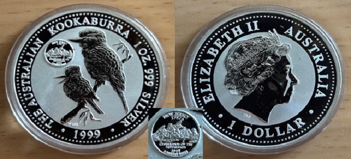  Australien - 1 AUD Kookaburra 1999 - Privy Mark *NEW JERSEY*, 1oz 999er Silber   