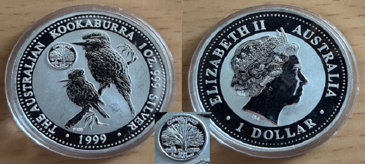  Australien - 1 AUD Kookaburra 1999 - Privy Mark *CONNECTICUT*, 1oz 999er Silber   