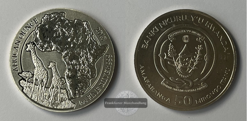  Ruanda 50 Franken 2018 Giraffen KM#171 FM-Frankfurt Feinsilber: 31,06g   