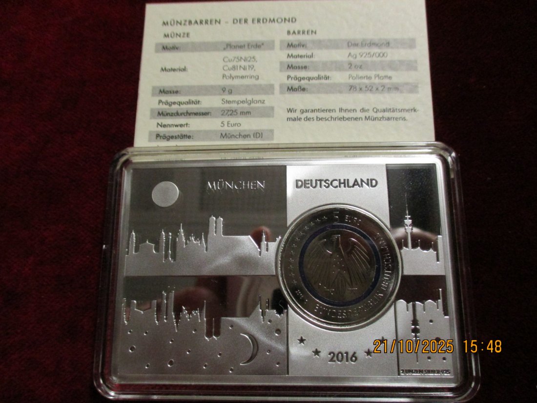  5 Euro 2016 D Blauer Planet Erde mit Silberbarren 925er Silber 62,2g   