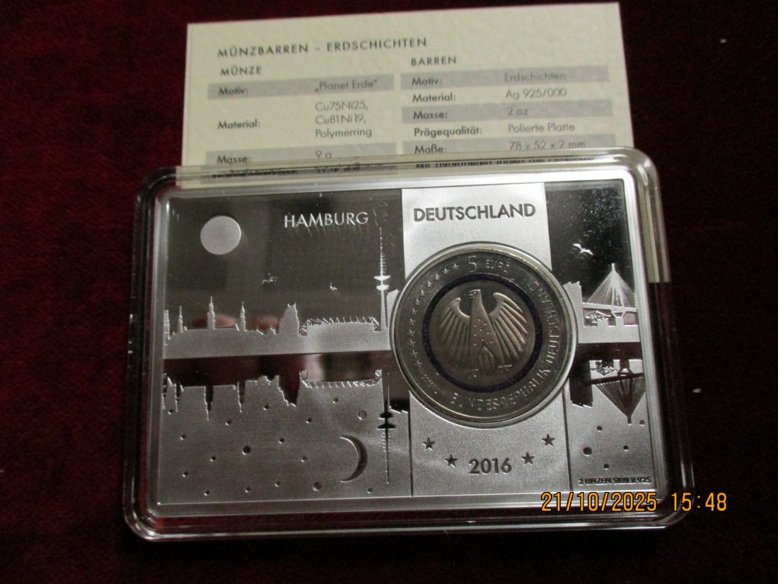  5 Euro 2016 J Blauer Planet Erde mit Silberbarren 925er Silber 62,2g   