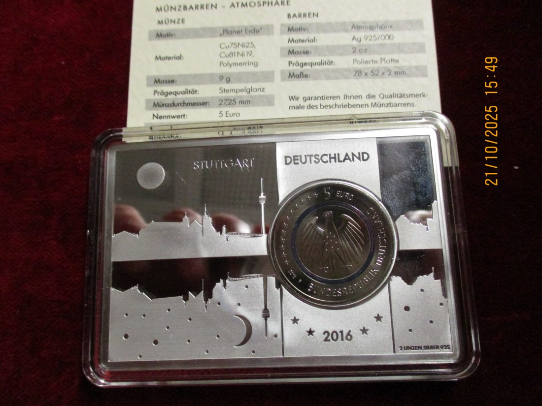  5 Euro 2016 F Blauer Planet Erde mit Silberbarren 925er Silber 62,2g   