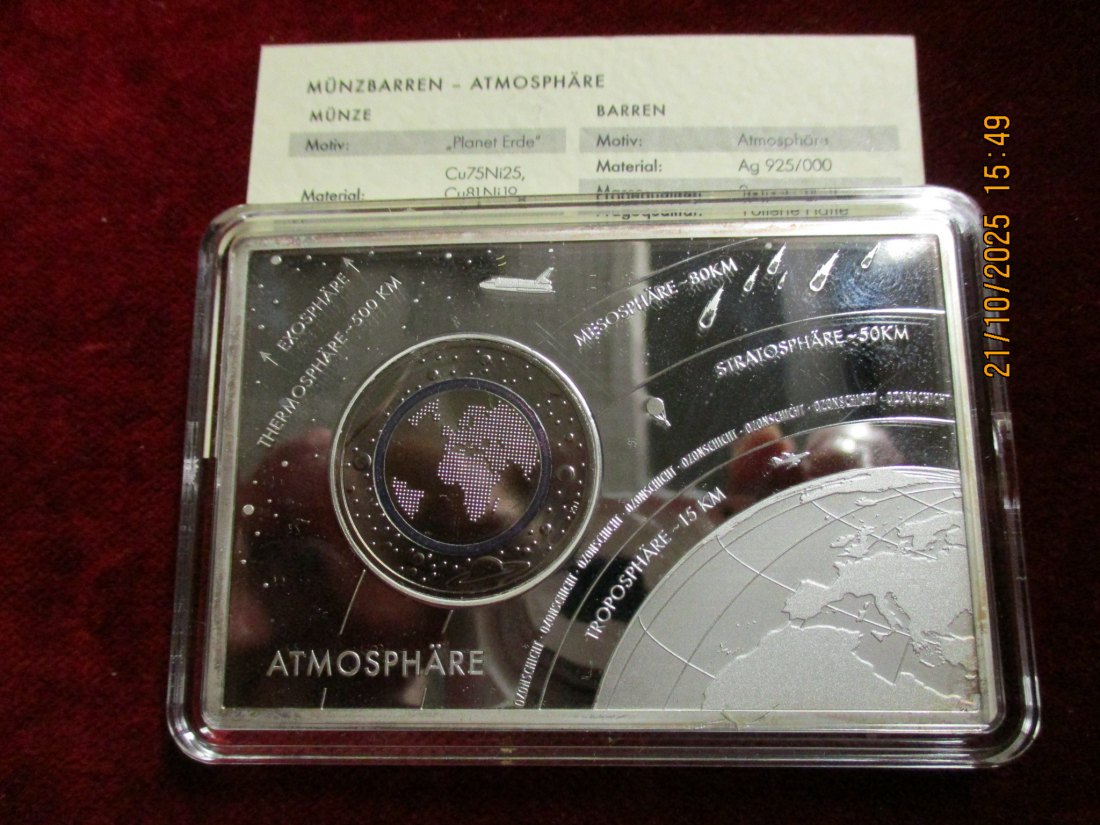  5 Euro 2016 F Blauer Planet Erde mit Silberbarren 925er Silber 62,2g   