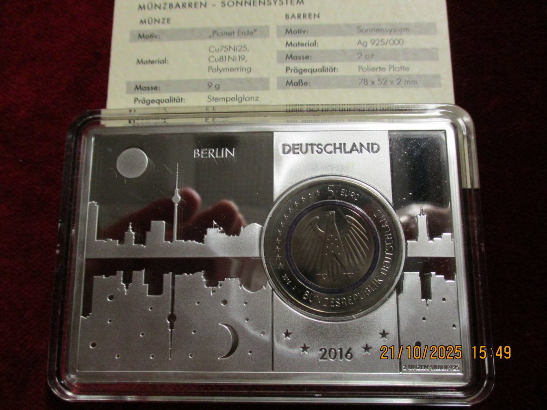  5 Euro 2016 A Blauer Planet Erde mit Silberbarren 925er Silber 62,2g   