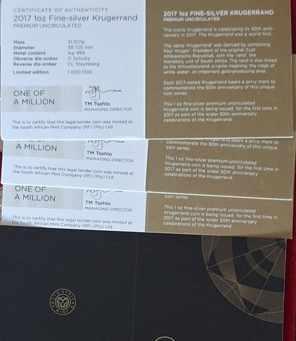  Südafrika, Krugerrand 2017 1oz 999er Silber=31,1g fein lose ex. 1.000.000   