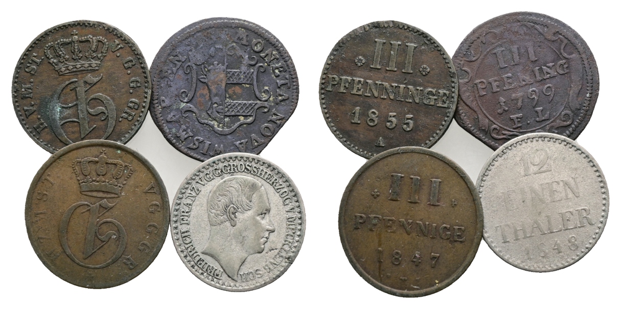  Altdeutschland; 4 Kleinmünzen 1855/1799/1847/1848   