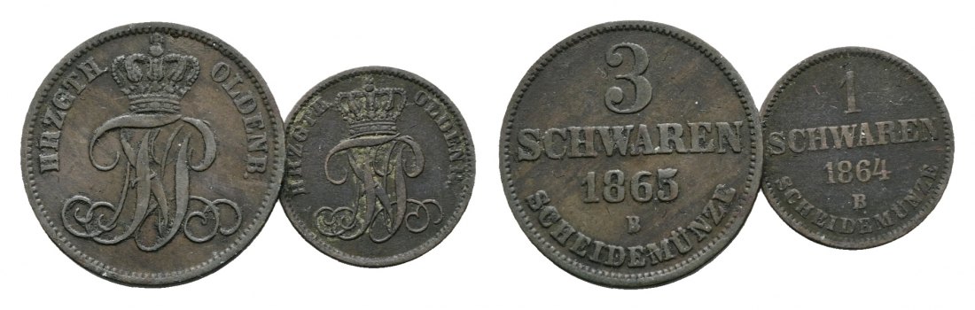  Altdeutschland; Oldenburg; 2 Kleinmünzen 1865/1864   
