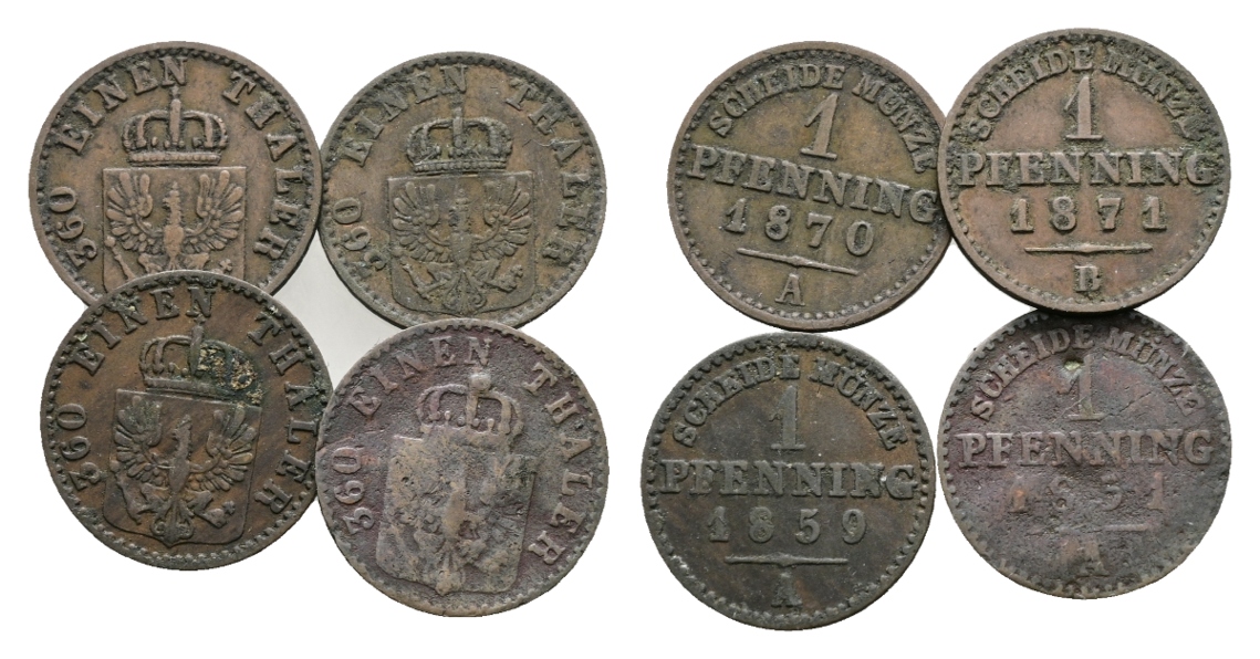  Altdeutschland; 4 Kleinmünzen 1870/1871/1859/1851   