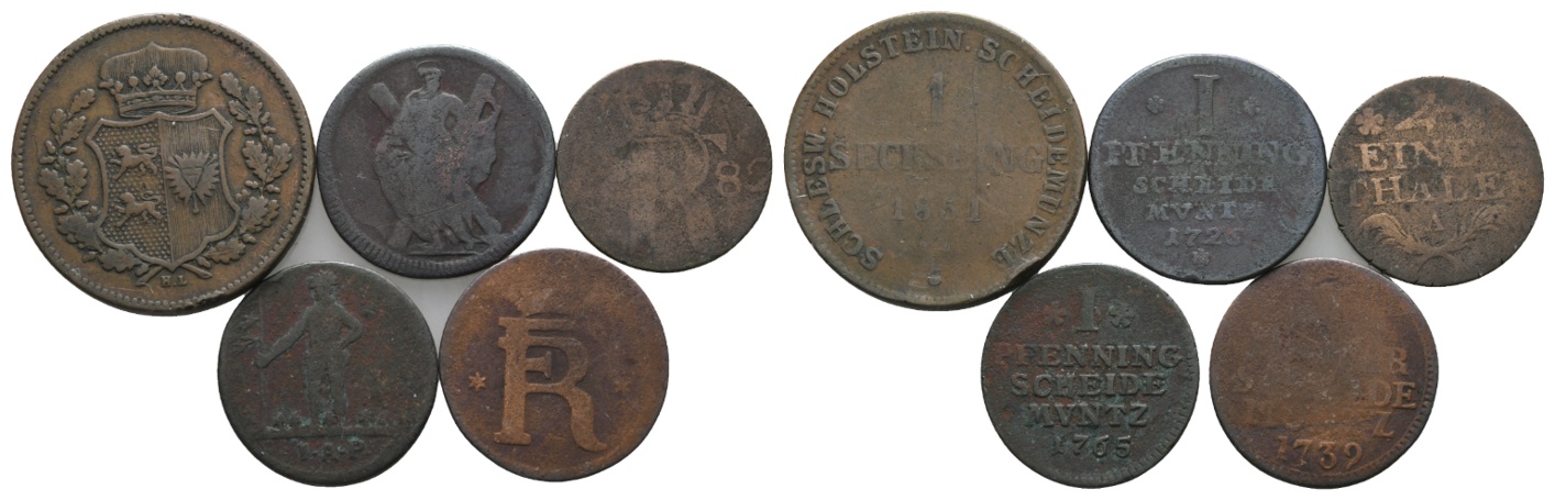  Altdeutschland; 5 Kleinmünzen 1851/1725/1789/1765/1739   