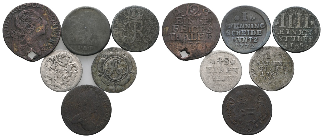  Altdeutschland; 6 Kleinmünzen 1776/1772/1754/1763/1766/1765   