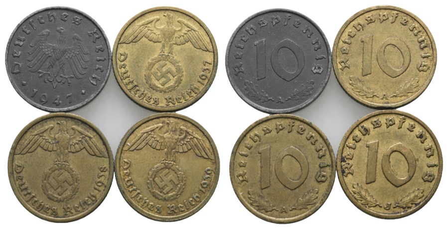  Deutsches Reich; 4 Kleinmünzen 1947/1937/1938/1939   