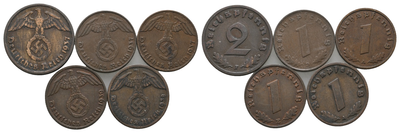  Deutsches Reich; 5 Kleinmünzen 1937-1939   