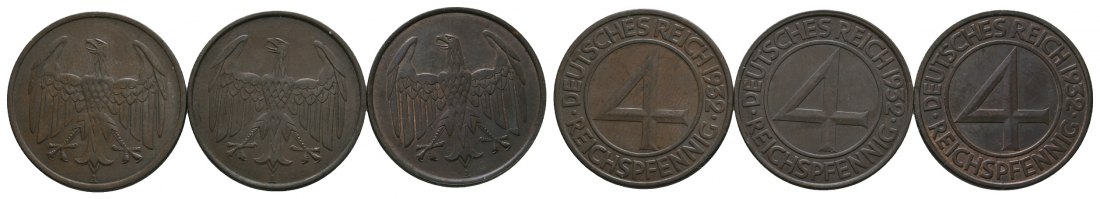  Deutsches Reich; 3 Kleinmünzen 1932   