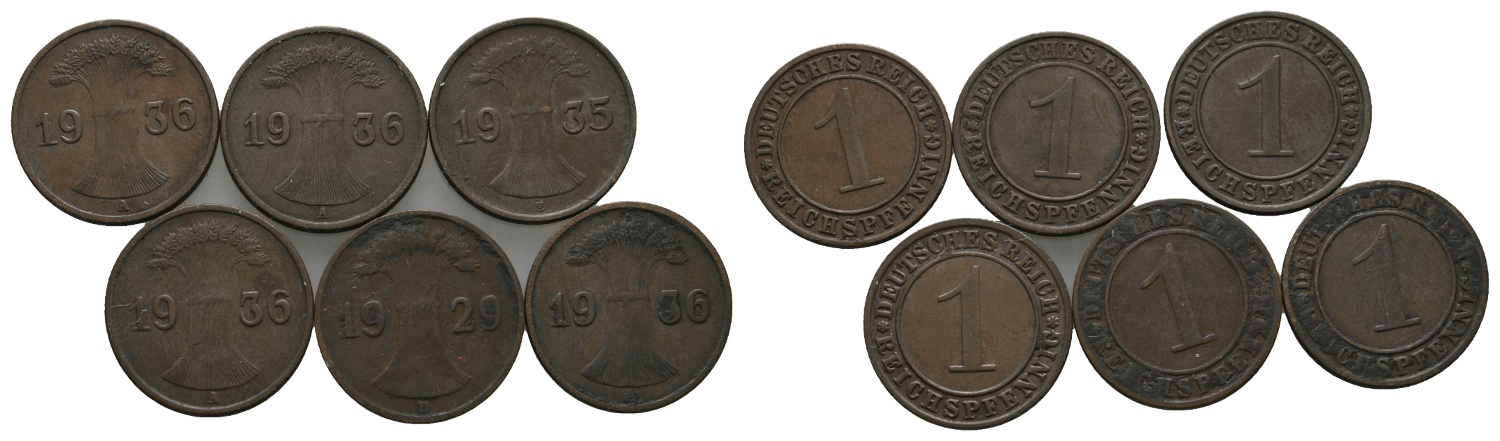  Deutsches Reich; 6 Kleinmünzen 1929-1936   