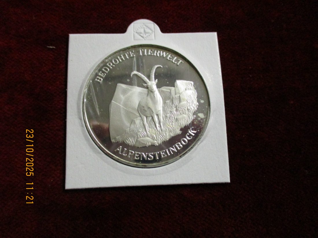  Medaille Bedrohte Tierwelt Alpensteinbock 925er Silber 20g   