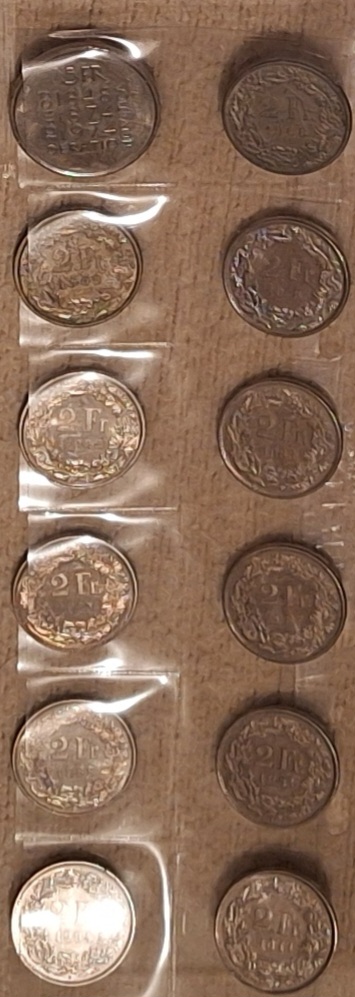 Schweiz 11x2 CHF 1968-2025 Kursmünzen+5 CHF Verfassungsrevision 1974 Lot 27 Franken alle CuNi lose C   