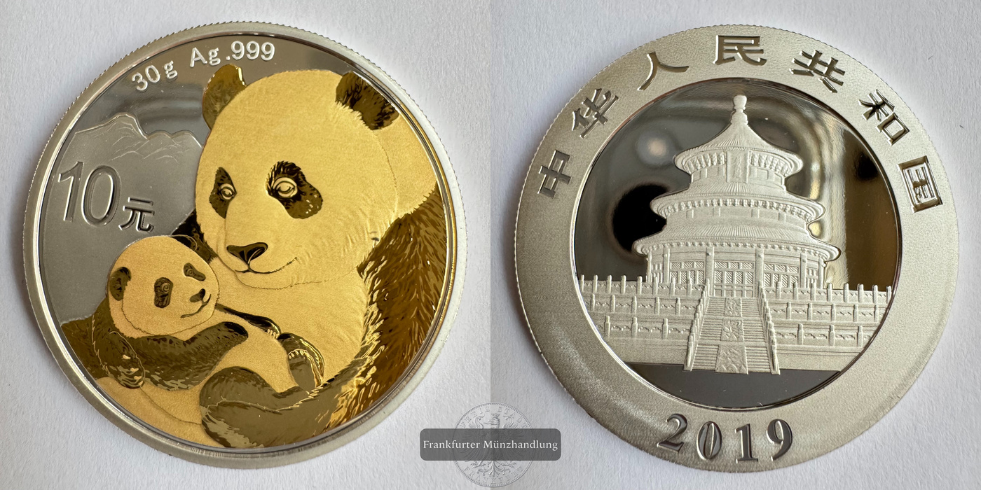  China 10 Yuan  2019  Panda vergoldet FM-Frankfurt  Feinsilber: 30g   
