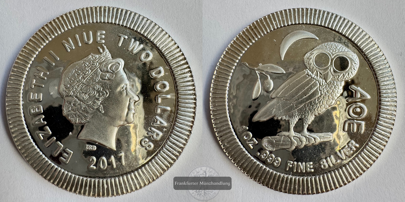  Niue 2 Dollar 2017 (2017-22) Athena Eule FM-Frankfurt KM#1429.1 Feinsilber: 31,06g   